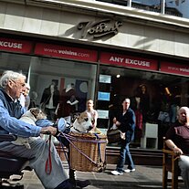 alter Mann mit seinen Hunden im Rollstuhl